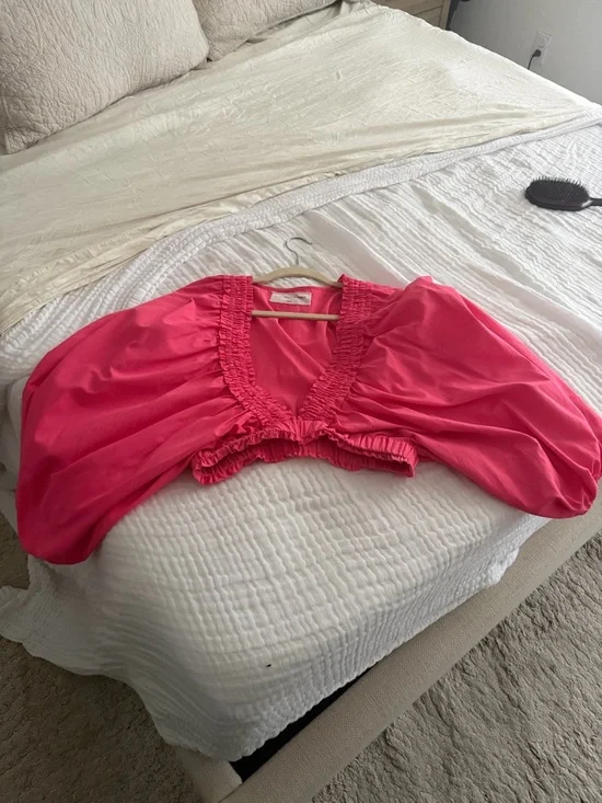 Smocked V-Neck Cropped Blouse in Bright Pink - Picture 3 of 3